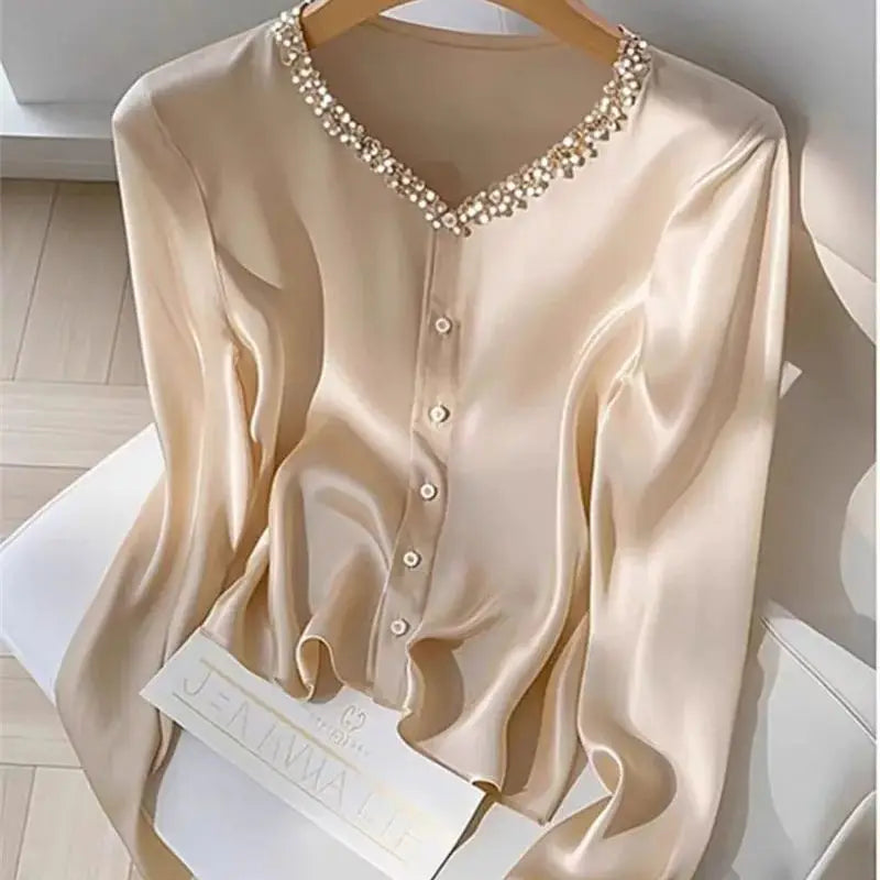NEW Arrivals M-2XL UK Size Luxury French Acetate Blouse Spring Autumn V-Neck Sequined Shirt for Women Long Sleeve Champagne Female Top Light Luxury 513P