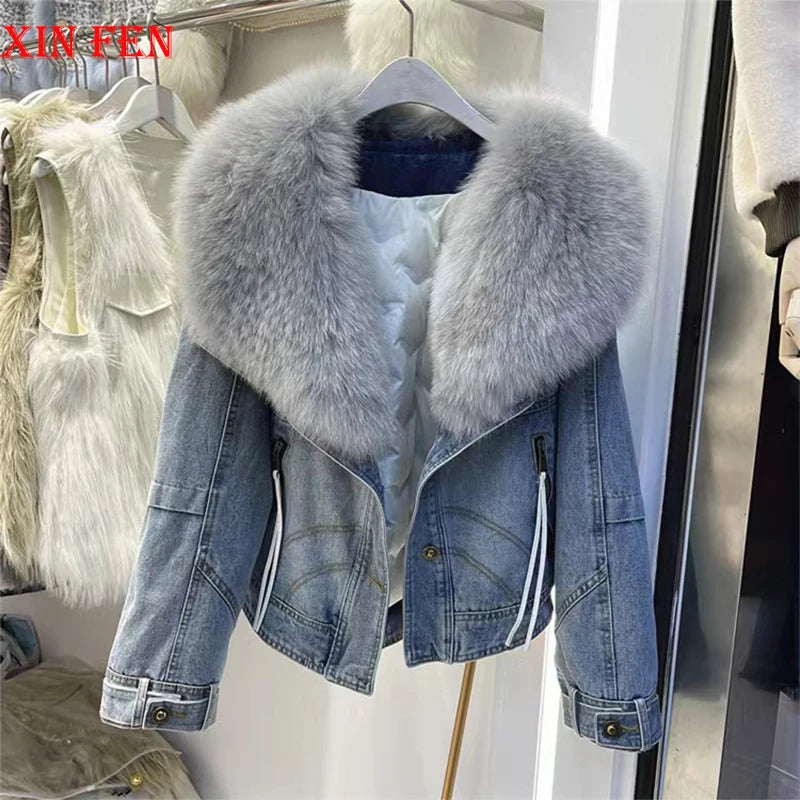 Winter Women New Luxury Natural True Fox Fur Big Collar Goose Down Denim Down Jackets Short Warm Casual Jacket Coat