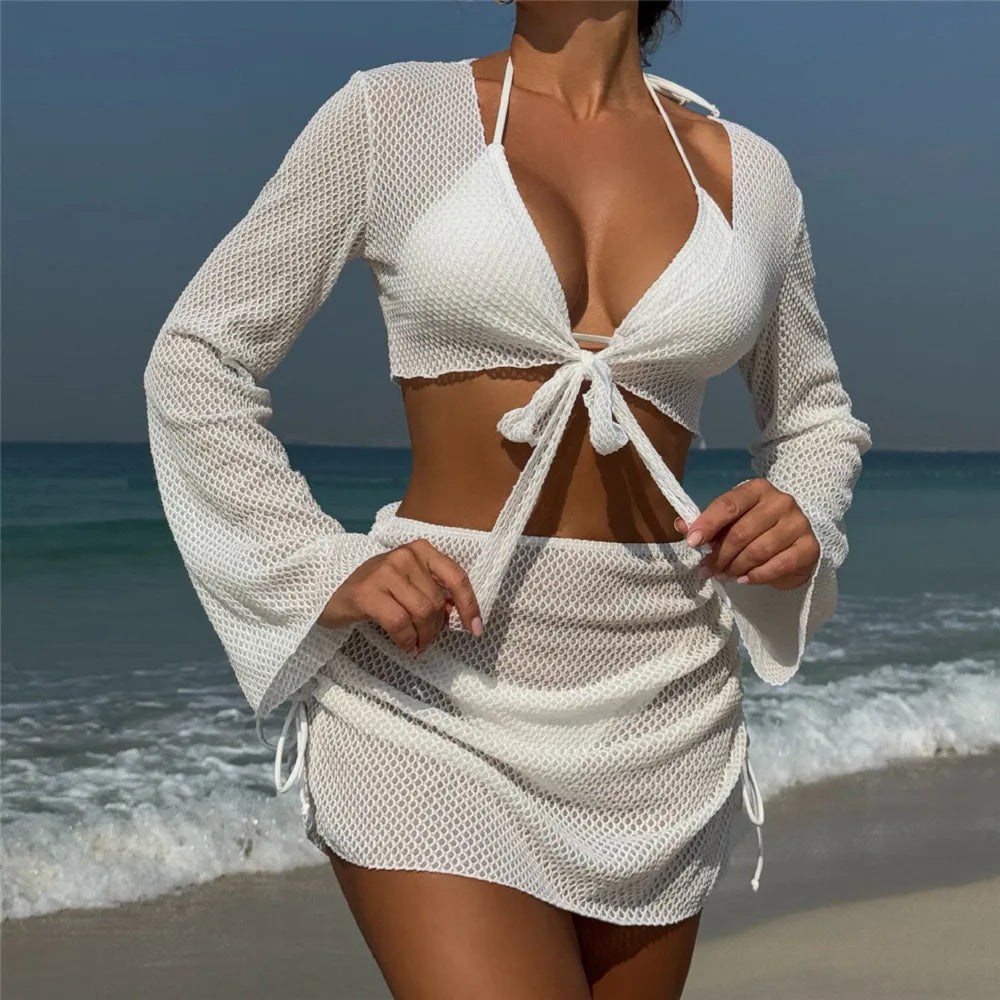 NEW Arrivals 4 PCS Set UK Size Solid Black/Beige/Red/White String Halter Girls Bikinis Sets Sexy Swimsuit Women Long Sleeve Cover Ups Tops Skirts Swimwear Ladies Bikini Beachwear Suit