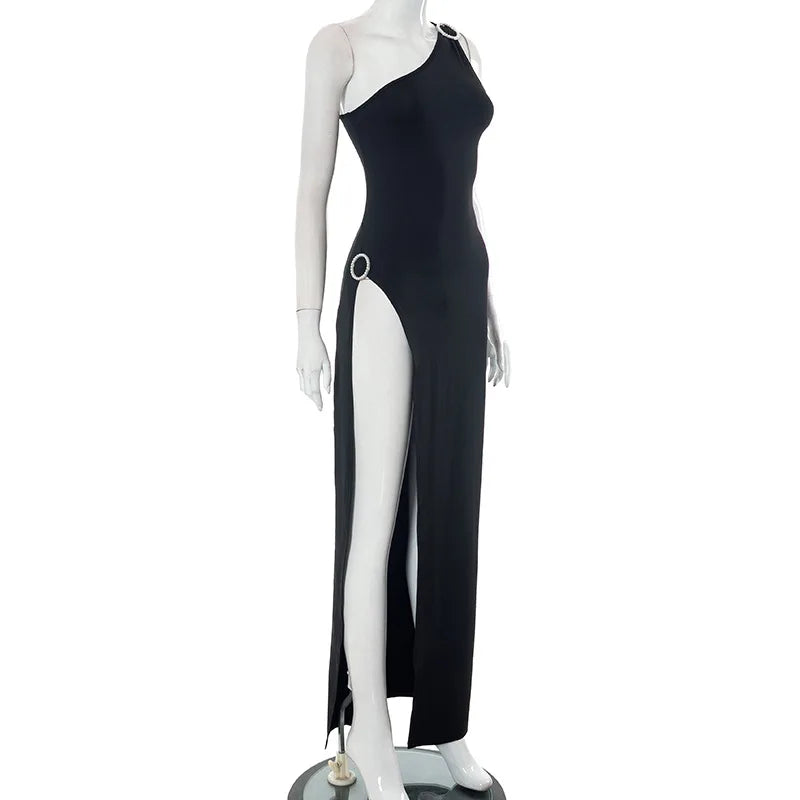 One Shoulder Sexy Black Evening Party Club Bodycon Maxi Split Dress Outfits Women Sleeveless Backless Summer Clothes Vestido
