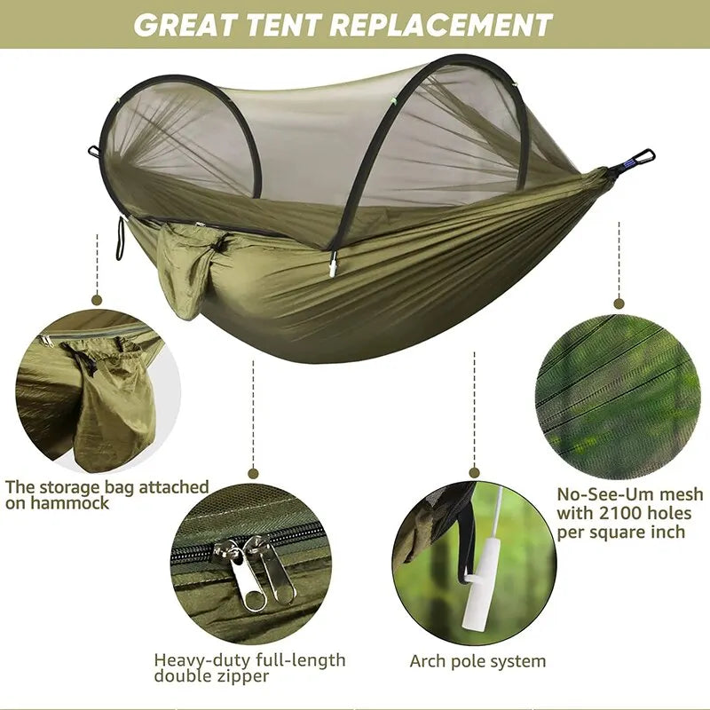 3 in 1 Camping Hammock with Mosquito Mesh Automatic Quick Opening Nylon Hammock Anti-Mosquito Hammock for Outdoor