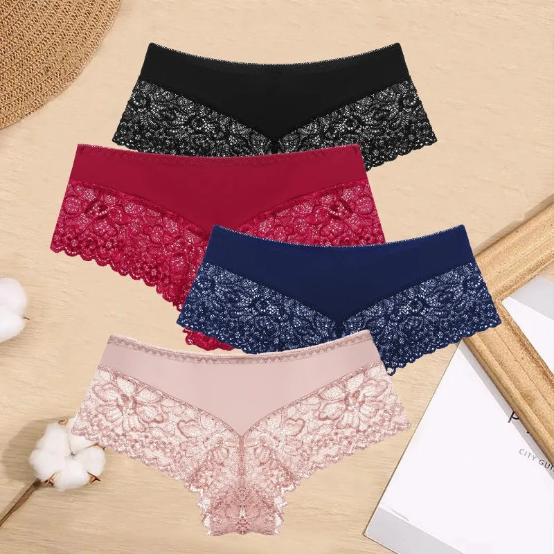 NEW Arrivals 4PCS Set Women's Boxers Lace Perspective Sexy Panties Female Underwear Fashion Solid Ladies Lingerie Sets