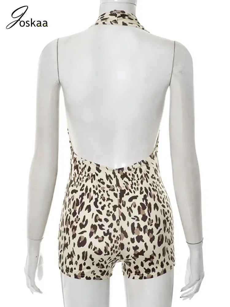 NEW Arrivals Women's Summer Halter Playsuits Sexy Deep V Neck Backless Skinny Leopard Rompers Holiday Beachwear Clubwear