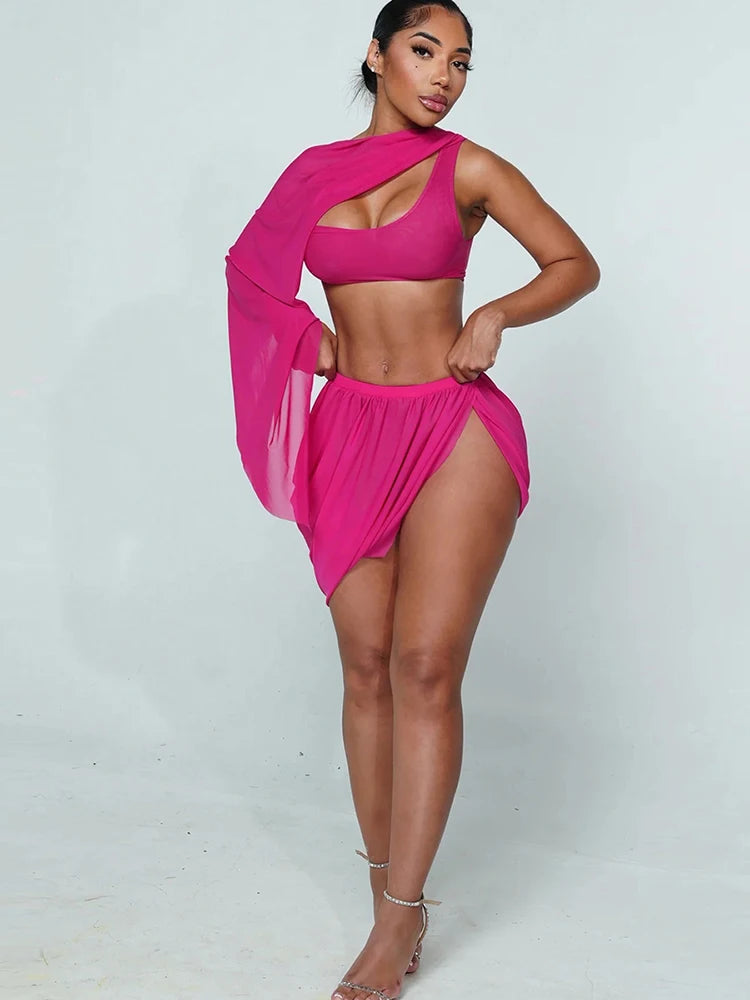 NEW 2PCS Set Blue/Rose Red Color Y2K Sexy Women See Through Midnight Irregular Full Sleeve Crop Tops+ Ruched Split Skirts Matching Clubwear Suit