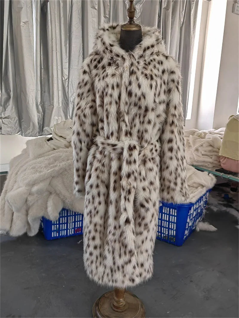 NEW Arrivals UK S-2XL Size 2 Colors Winter Warm Loose Plush Windbreaker With Hat Women Faux Fox Fur Black White Dot Leopard Coat Ladies Thick Long Overcoat