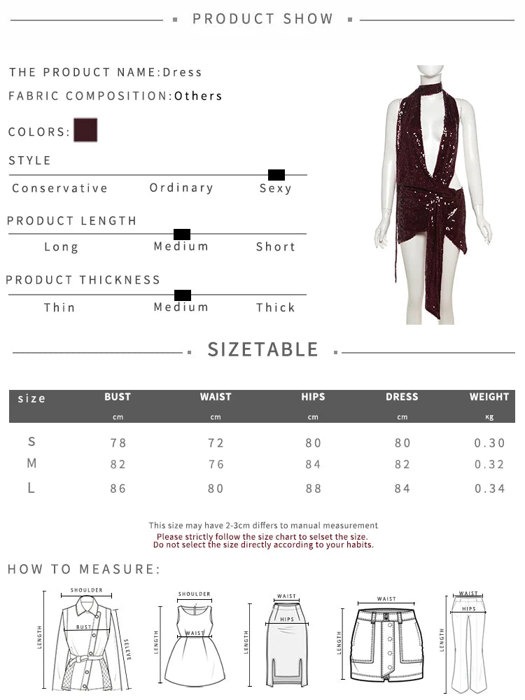 BRAND NEW UK Size Sexy Halter Swinging Neck Women Claret Mini Dress Sexy Stunning Sequins Ribbons Irregular Slim Female Coquette Spring Summer Evening Beach Party Night Club Bodycon