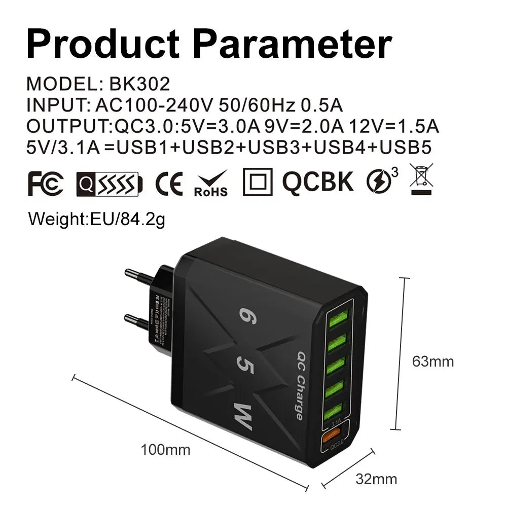 3.1A USB Fast Phone Charger Adapter 6 In1 Mulit Plug Travel Charger For iPhone 13 12 Samsung Xiaomi QC3.0 Quick Charger