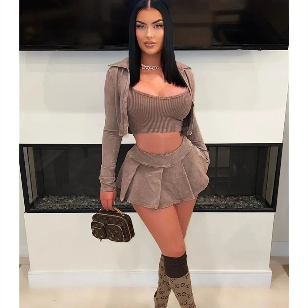 NEW Arrivals 3PCS Set UK/Asian Big Size Fashion Tie Dye Vintage Y2K Street Women Vest +Long Sleeve Coat +Mini Pleated Skirts Outfits Female Thick Rubber Clothing Girls Sexy Fashion Apparel Products