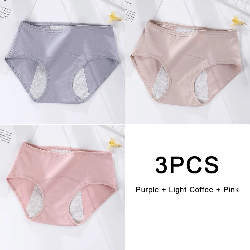 3PCS/Set Women's Menstrual Briefs Panties Large Flow Postpartum Water Absorption Leak Proof Waterproof Briefs Women's Pure Cotton Menstrual Panties Set Women Underwear Clothing Period Hygiene Lingerie Health Care Supplies