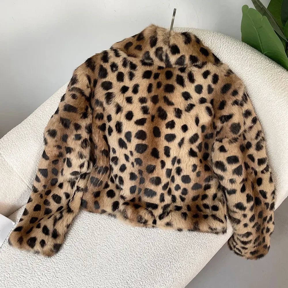 Real Natural Rabbit Fur Coat Leopard Short Jackets New Fashion Turn-Down Collar Outerwear Streetwear Leopard Winter Jacket Women Thick Warm Elegant Coat Female Girls Winter Luxury Fashion Clothing Products