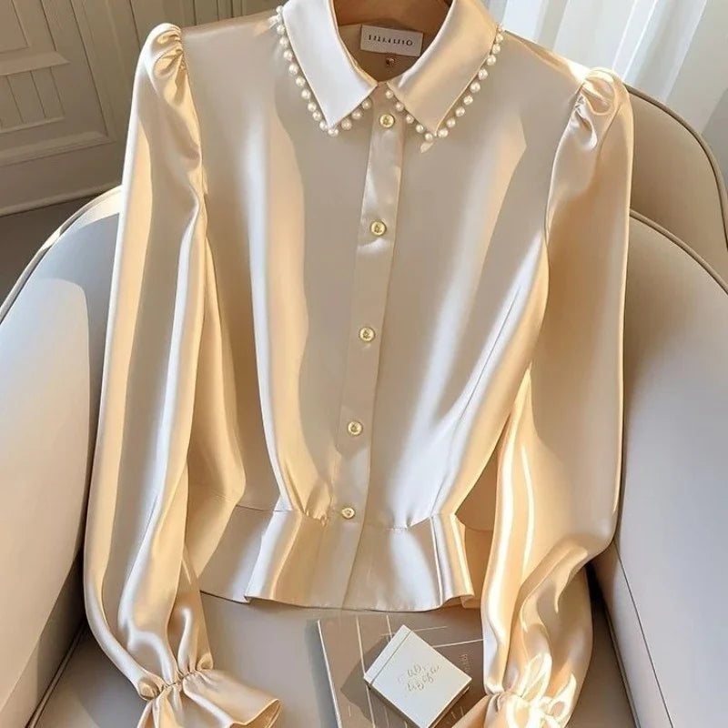 NEW Arrivals M-2XL UK Size Luxury Satin Casual Women's Blouses Spring/Summer New Solid Shirts Slim Fit Long Sleeves Top Women Clothing Sales Ladies Luxury Fashion Apparel Accessories