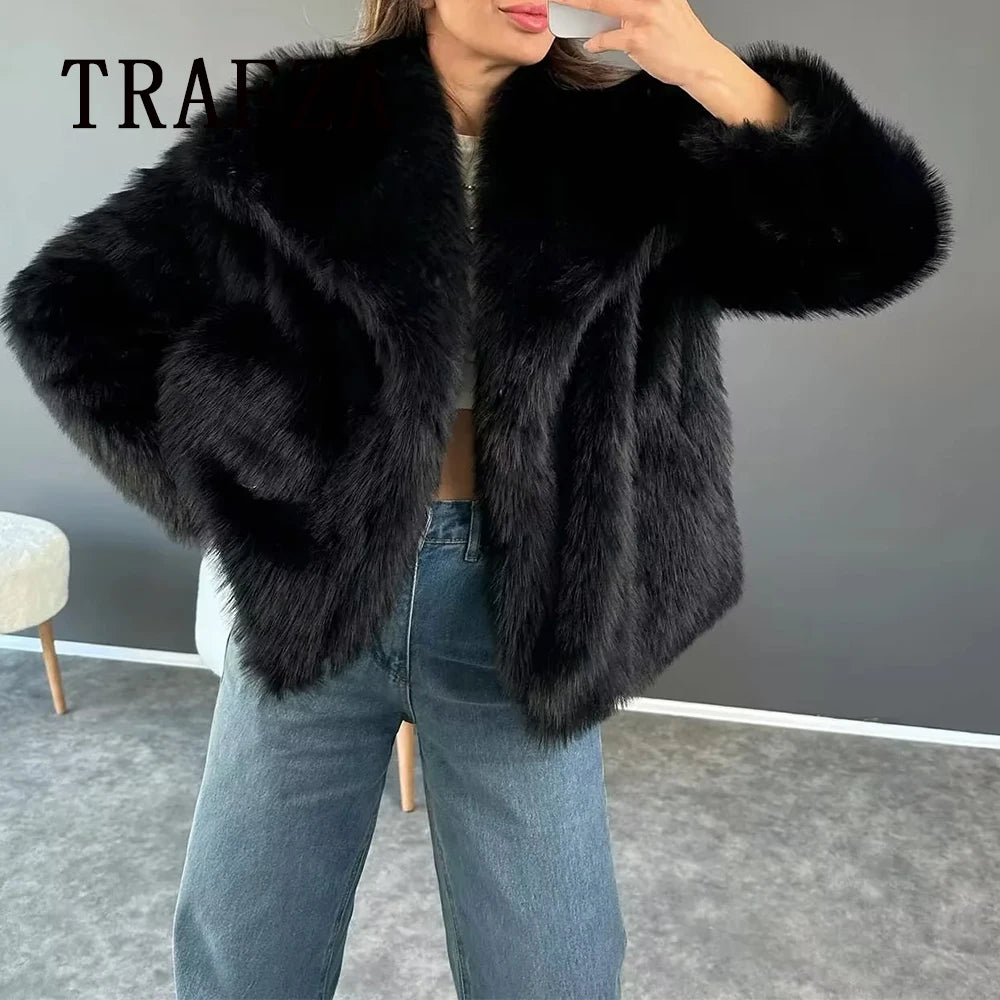 Autumn Winter Women Casual Faux Fur Jackets Fashion Streetwear Solid Oversized Turn Down Collar Elegant Thick Coats