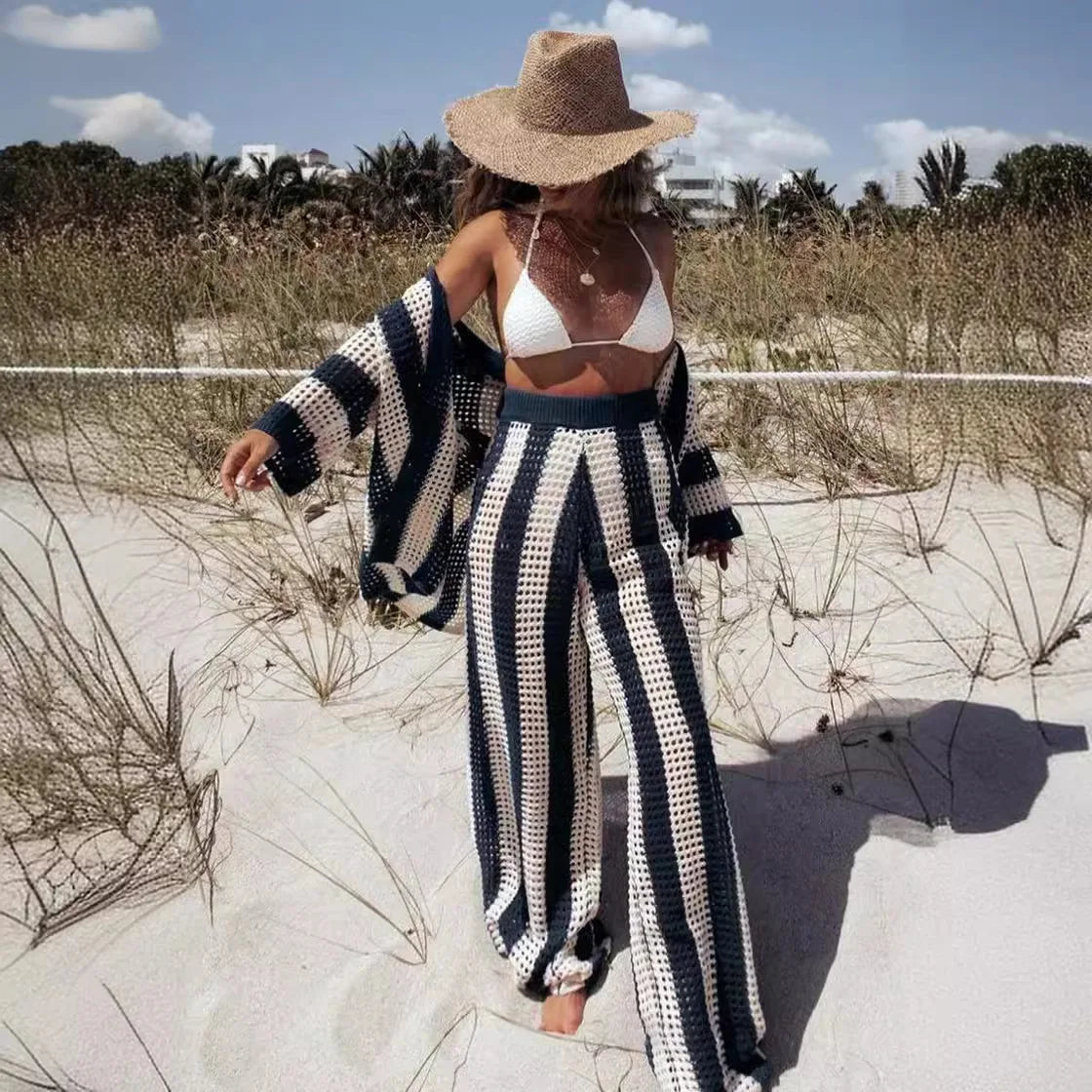 NEW Arrivals 2PCS Set UK Big Size Rose Red/Brown/Dark Blue Summer Beach Casual Women Suit Sexy Spring Summer Hollow Out V-Neck Half Sleeves Wide Leg Pants Sets Stripe Shirts Pant Sets