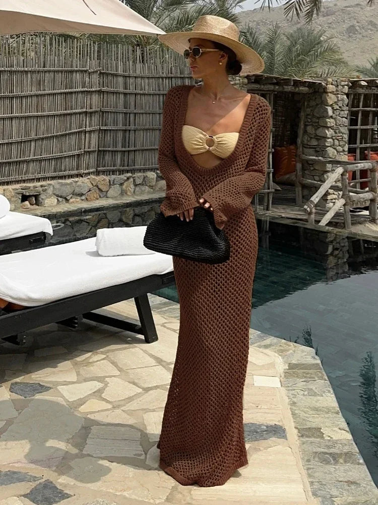 NEW Arrivals UK Size 7 Colors Sexy U-Neck Bell Sleeve Knit Handmade Maxi Dress Summer Women Swimwear Feminine Bikinis Cover-Ups Holiday Crochet Beach Ladies Outfit K21