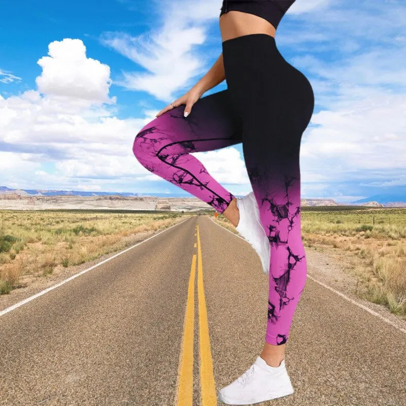 New Seamless Tie Dye Gradient Tights Women's High Waist Hip Lift Yoga Pants, Fashion Tight Elastic Fitness Pants Sports Pants
