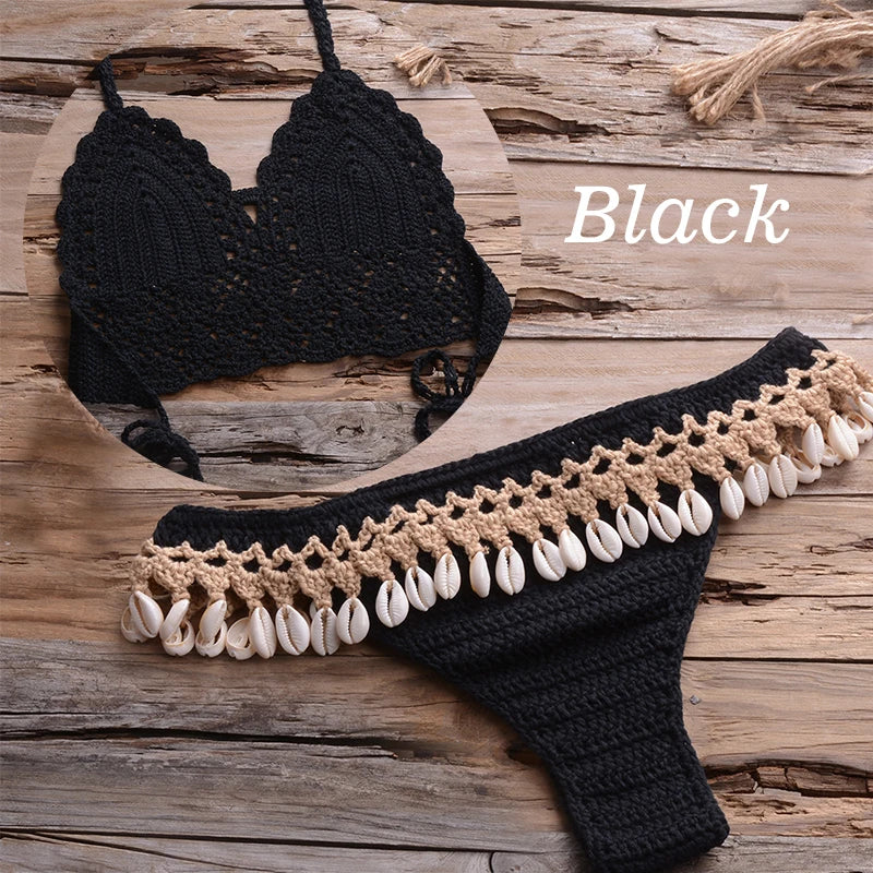 NEW Arrivals 10 Colors Handmade Sexy Women Large Size Swimwear Knitted Halter Bikini Top Bra Sexy Beach Swimsuit Hollow Bathing Suit Bikini Set Push Up Swim Thongs