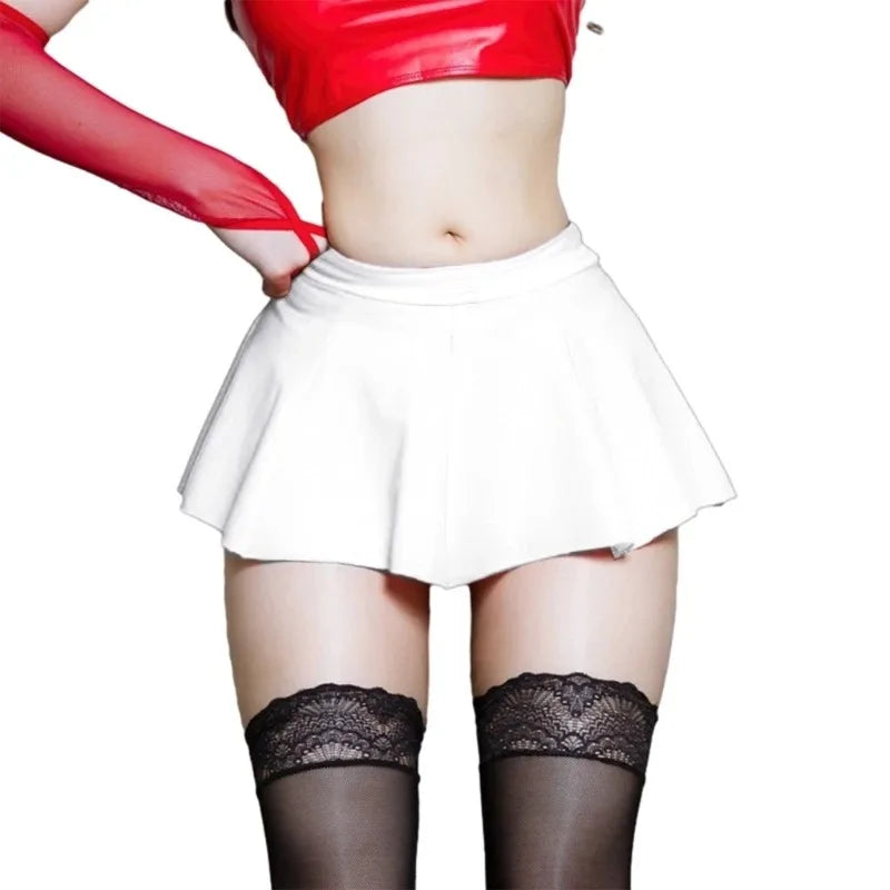NEW White/Red Color Women PU Leather Pleated Sexy Mini Skirt Lingerie Hot Outfit Clubwear 449B Outwear Evening Party Night Club Rave Party Girls Sexy Hot Mini Skirts