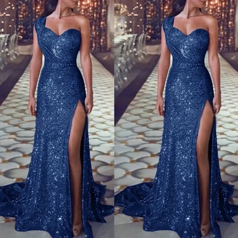 NEW Arrivals M-4XL 8 Colors Women's Wedding Party Dress Evening Elegant Sexy Deep V-Neck One Shoulder Sleeveless Sequined Long Maxi Dresses Ladies Luxury Fashion Clothing Products