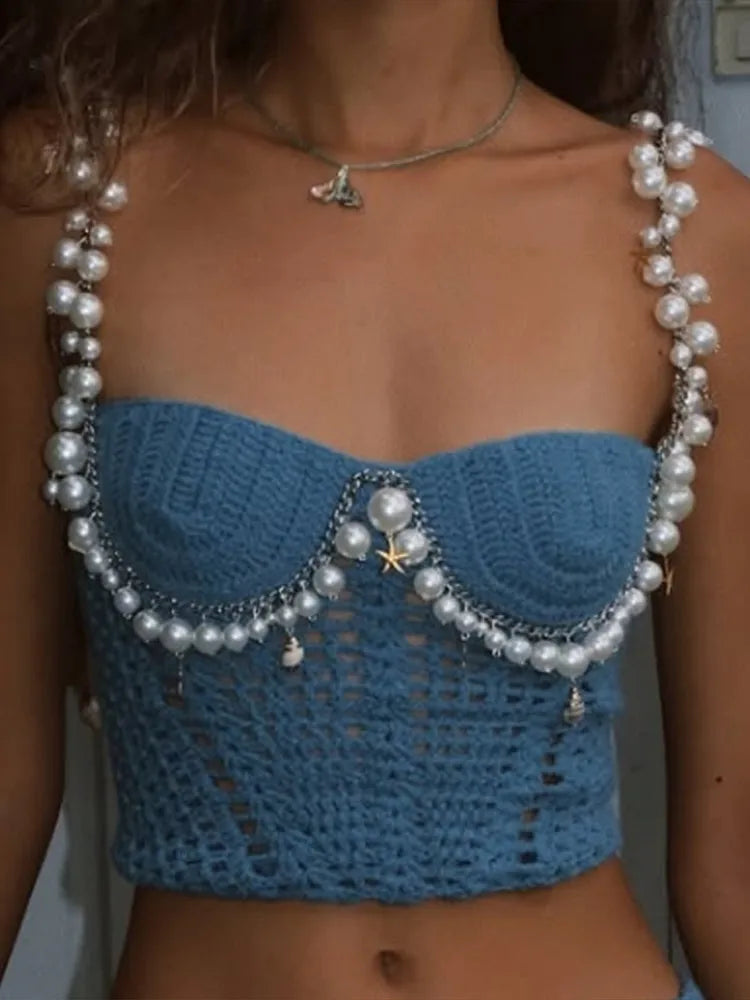 BRAND NEW UK Size White/Blue 2PCS Set Sexy Beading Crochet Crop Vest Shorts Sets Women Slim Hollow Out Strapless Tops Drawstring Pants Summer Lady Evening Beach Party Night Club Outfits