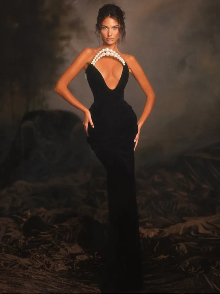 BRAND NEW UK Size Women Luxury Celebrity Red Carpet Sexy Strapless Backless Pearl Black Maxi Long Bodycon Bandage Dress Elegant Evening Wedding Guest Night Club Party Outfit