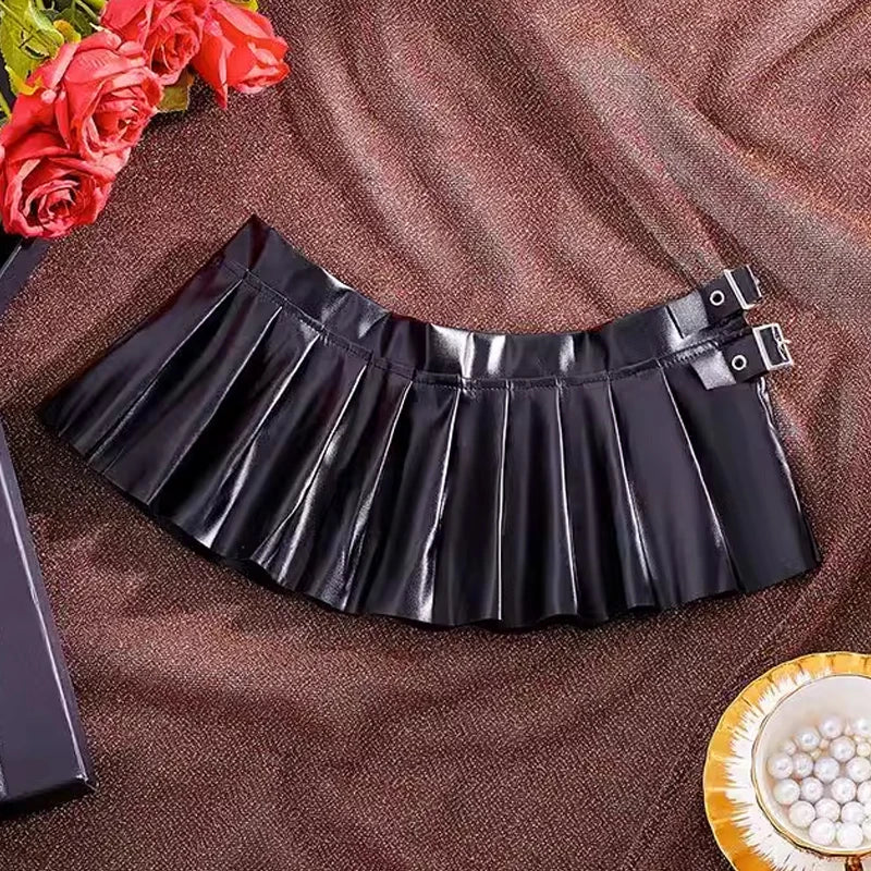 NEW Women's Black Shiny PU Leather Sexy Mini Skirt Gothic Style Cosplay Costume Sexy Low Waist Pleated Skirt for Fashionable Outfits
