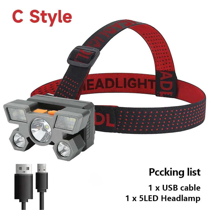 NEW Arrivals 5 LED Flashlight Rechargeable with Built in Battery Strong Light Home Outdoor Camping Adventure Fishing Head Light Headlamp
