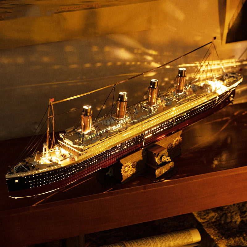 DIY 3D Metal Puzzle Titanic Ship Model Building Kits Assembly Boat Jigsaw Puzzles with USD Lights for Adults Birthday Gifts