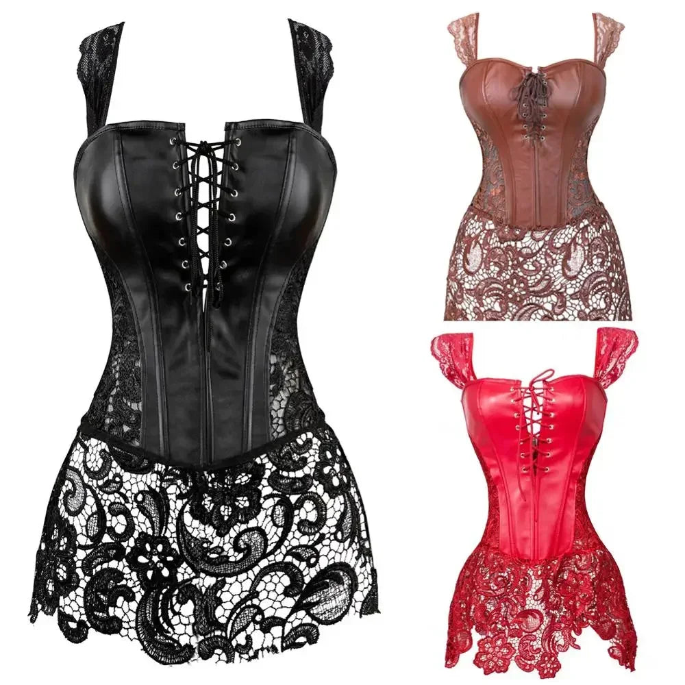 NEW S-7XL Plus Size Woman Corset Dress Gothic Leather Corsets Lace Strap Bustier Zip Bustier Steampunk Outfits Party Costumes