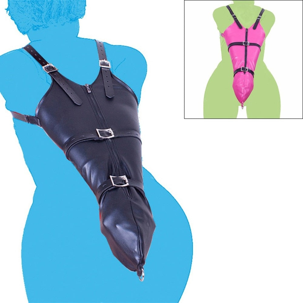 Adult Toys PU Leather Zipper Single Glove Armbinder with Over Shoulder Straps Sexy Full Sleeve One Arm Binder Bondage Restraint