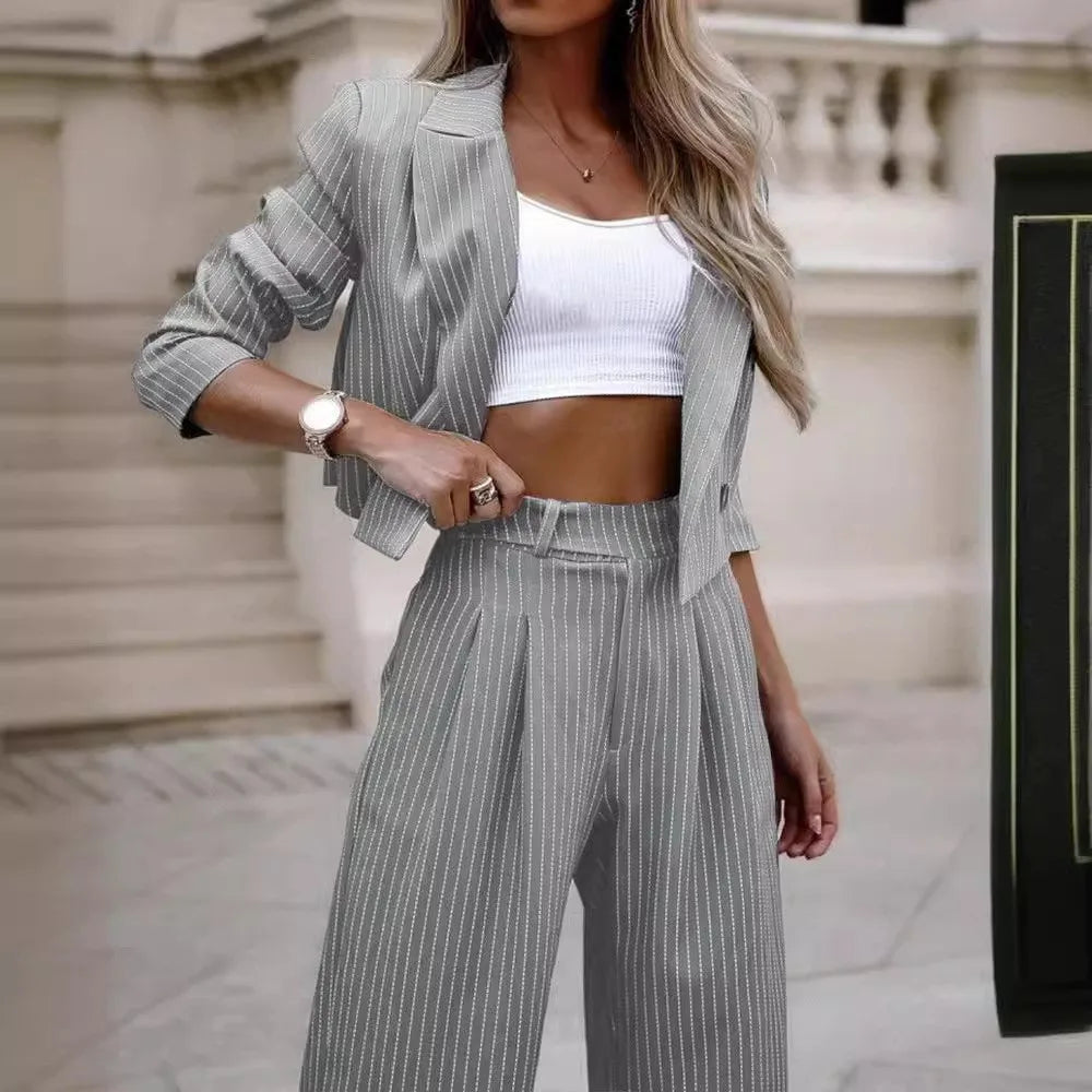 NEW Arrivals 2PCS Set UK S-2XL Size Black/Gray/Blue Women's Blazer Casual Striped Short Lapel Suit And Straight Pants + Jacket Suit Women's Streetwear Evening Party Night Club Suit