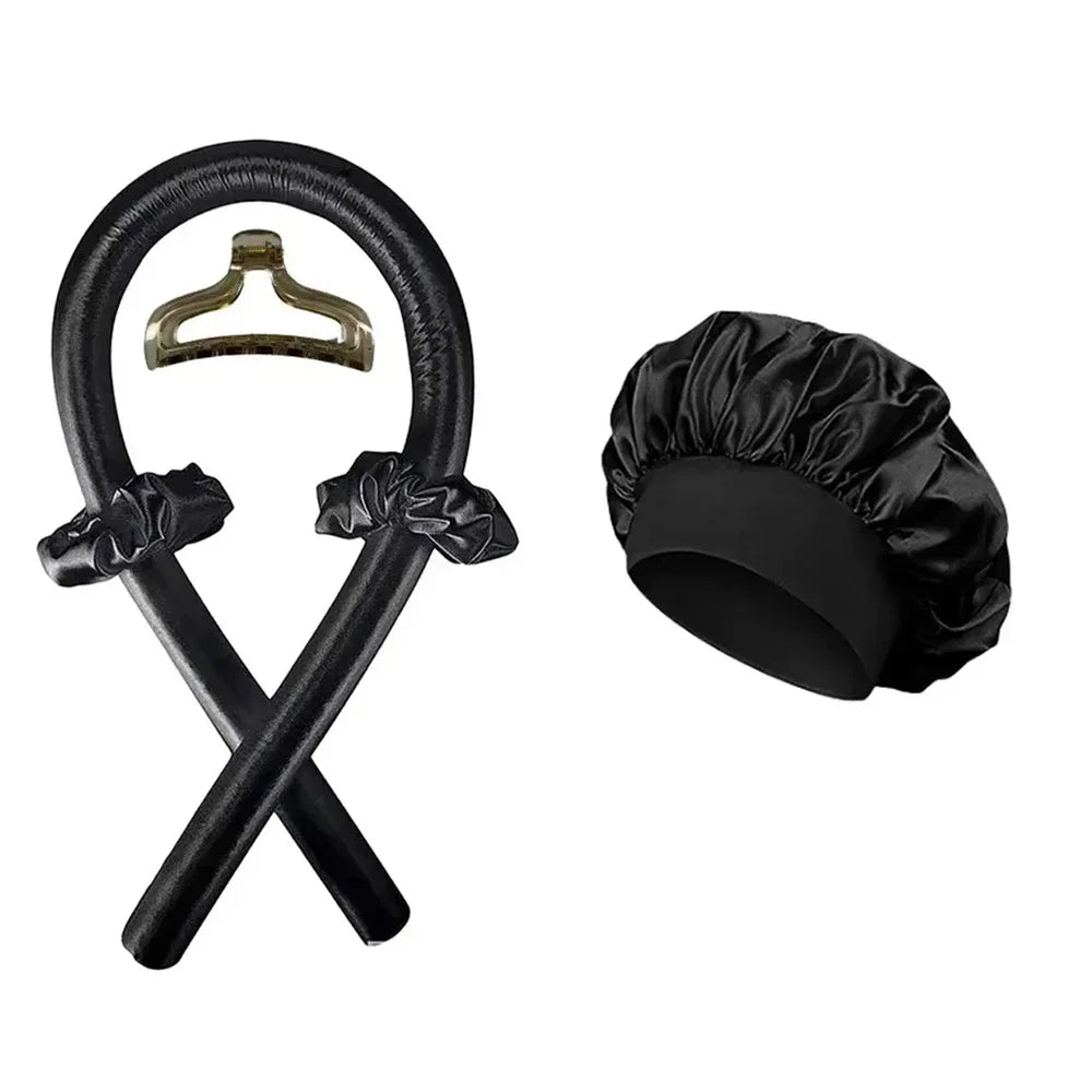 NEW Arrivals 2PCS Set Wine Red/Pink/Black Heatless Curling Rod Set Satin Nightcap for Women No Heat Hair Rollers Sleeping Soft Headband Styling Tool Lazy Curls Ladies Hair Care Accessories