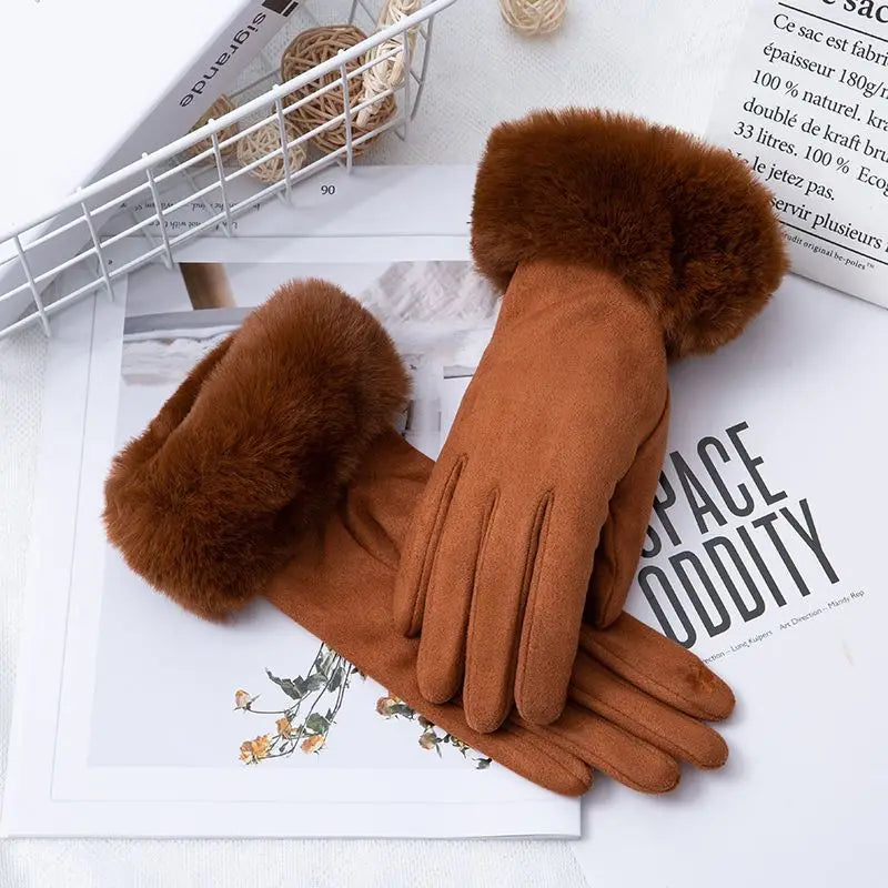 NEW Arrivals 18 Colors Women Faux Rabbit Fur Wrist Suede Leather Touch Screen Driving Glove Winter Warm Plush Thick Full Finger Cycling Black Mitten H92 Women Ladies Luxury Fashion Apparel Accessories