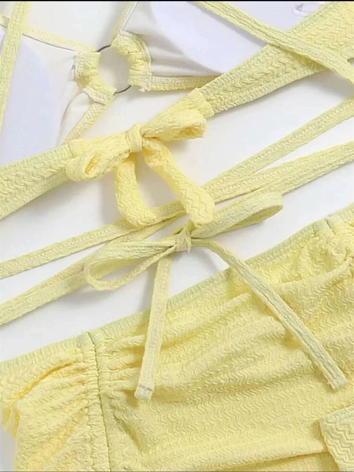 Sexy Yellow Bikini Women Solid Halter Ring Linked Criss Cross Cover Up 3 Piece Swimsuit Bathing Suit Ruffles Skirt Swimwear