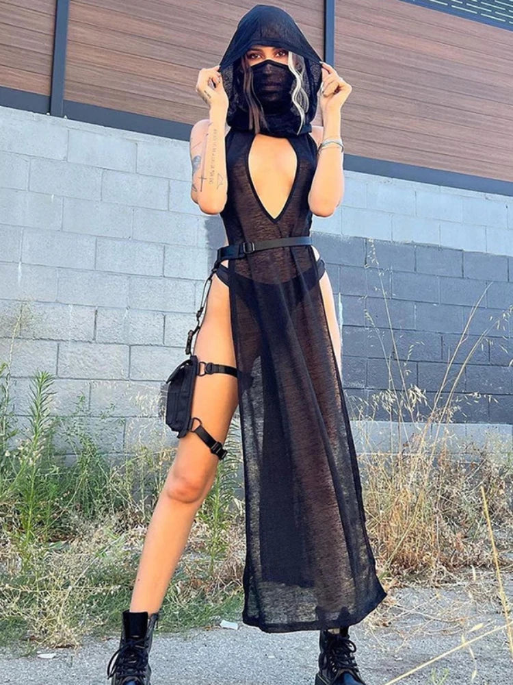 NEW Arrivals UK Size Sexy Punk Gothic Dress Women Vintage Streetwear Cyber Y2K Mesh Hollow Out Sleeveless Hooded Cut Out Butt Dress EMO Alt Grunge Clothes