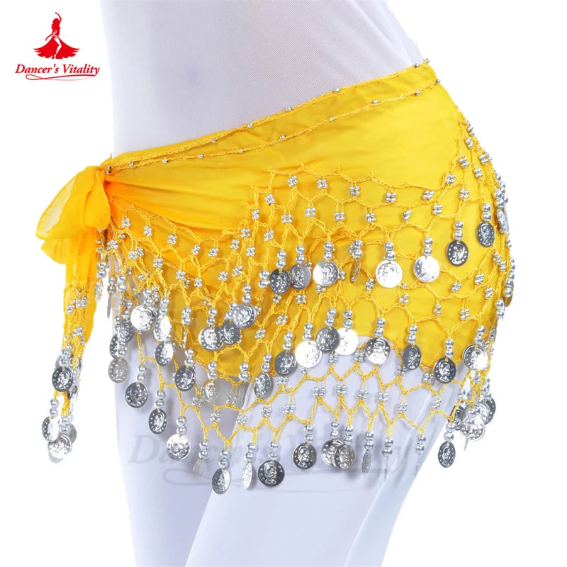 NEW Arrivals Belly Dance Belt for Women Chiffon Gold Coins Oriental Dancing Wear Accessories Girl's Chiffon Silver Coins Belly Dance Hip Scarf