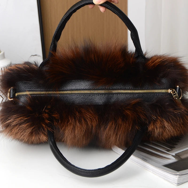 Luxurious Real Natural Red Fox Fur Handbag Women Single Shoulder Crossbody Bags Lady Clutch Bag Tote Bag Winter Outdoor Evening Travel Ladies Warm Shoulder Bags Female Women Luxury Fashion Clothing Accessories Products