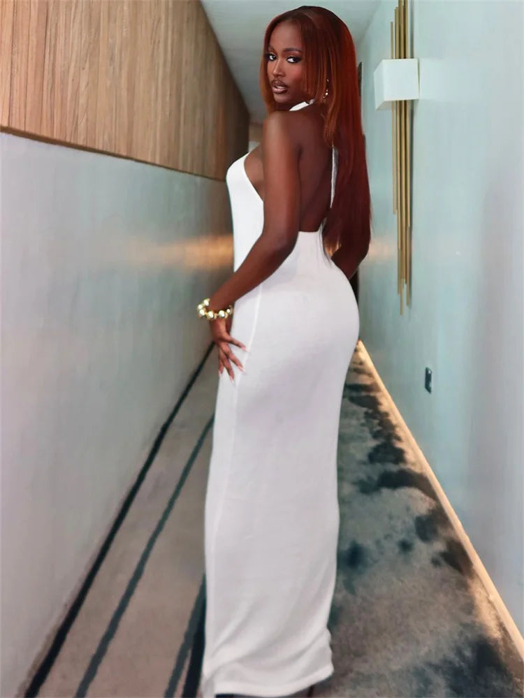 NEW Arrivals UK Size Black/White/Red Spring Summer Dresses Women Elegant Sexy Hollow Out Halter Backless Sleeveless Sheath Maxi Gown Evening Beach Party Night Club Outfit