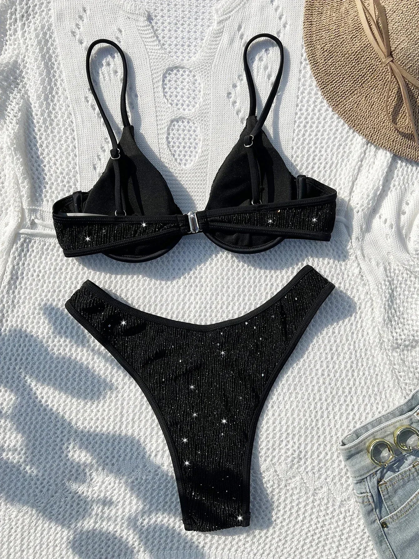 Swimsuit Women Black Shiny Bikini Sexy High Waist 2 Piece Swimwear Steel Support Female V-neck Beach Bathing Suit YX1378X