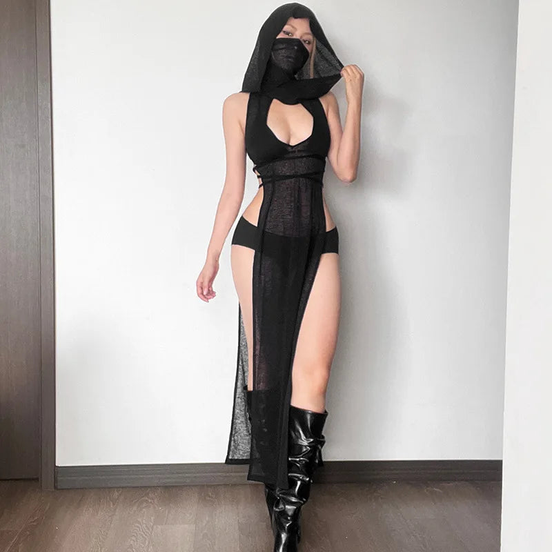 NEW Arrivals UK Size Sexy Punk Gothic Dress Women Vintage Streetwear Cyber Y2K Mesh Hollow Out Sleeveless Hooded Cut Out Butt Dress EMO Alt Grunge Clothes