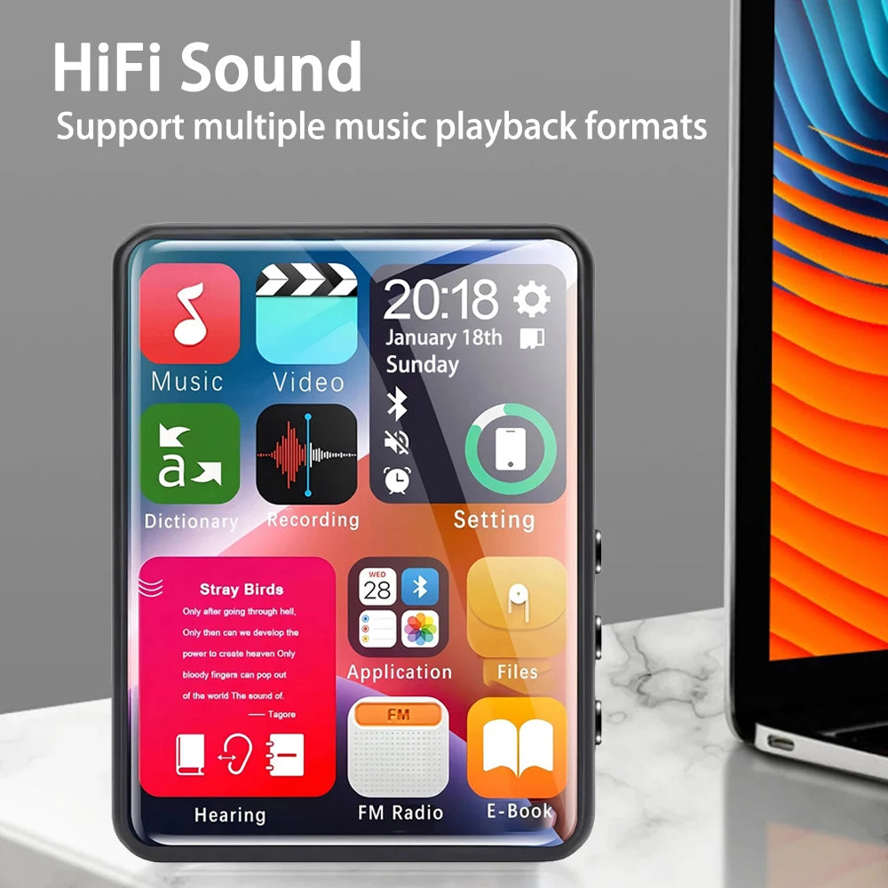 2.4-inch full-screen touchscreen MP3 player, mini Mp4 player with Bluetooth, 4-128GB, hi-fi, HD, lossless recording, FM radio, v