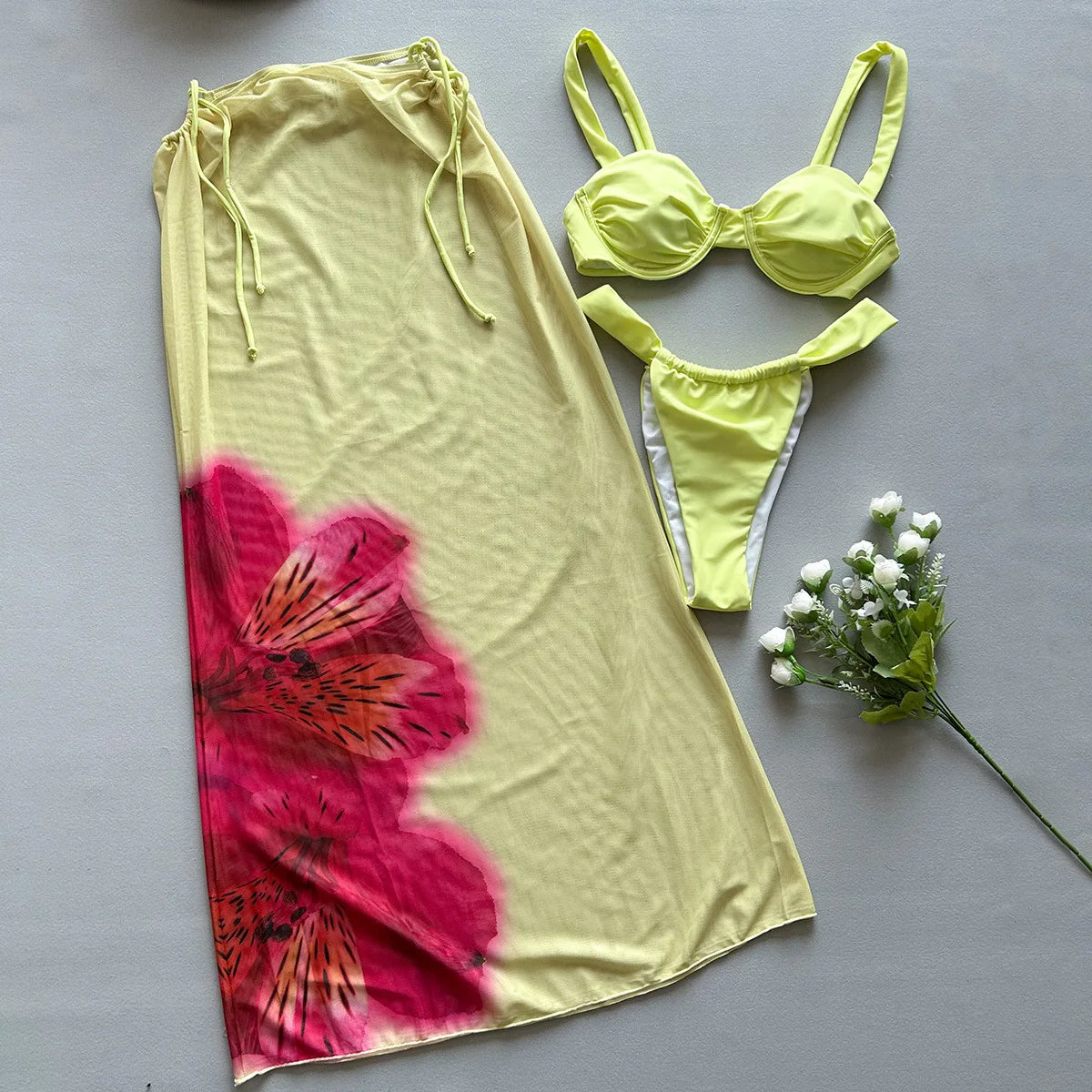 NEW Arrivals 3 PCS Set UK Size Sexy Swimwear Bikinis Women Swimwear Female Long Dress Cover-Up Bikini Set Beachwear Bathing Suit Ladies Sexy Swimming Suit