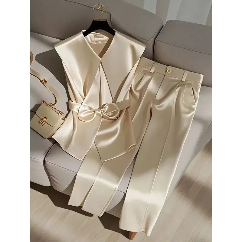 NEW 2PCS Set S-XL Italian Fashion Women Satin Celebrity Outfits Elegant OL Peter Pan Collar Bow Sleeveless Vest + High Waist Wide Leg Pants Ladies Business Trip Office Lady Formal Luxury Fashion Clothing Supplies