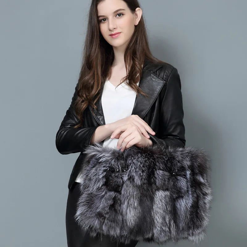 Super Luxurious Real Fox Mink Fur Handbags Winter Women Leather Bag Fashion Shoulder Bags Real Silver Fox Fur Messenger Bags Female Evening Party Bag Outdoor Travel Bags Ladies Luxury Winter Fashion Clothing Accessories Produ