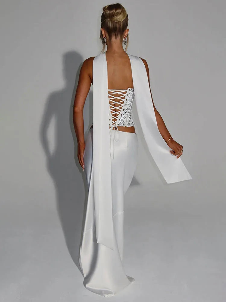 NEW White/Black Color UK Size Sequins Sexy Dress Set Women Sparkle Scarf Collar Crop Tops And Maxi Skirt Elegant Club Party Satin Skirt Matching Set Ladies Sexy Fashion Clothing Supplies