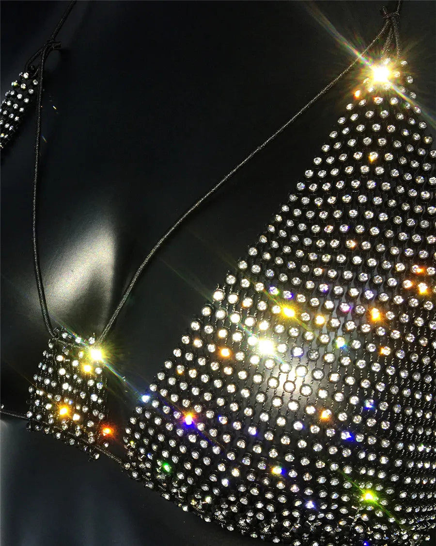Women Sexy Hollow Fishnet Bra Tank Top Y2K Summer Sexy Backless V Neck See Through Mesh Camisole Shiny Rhinestone Rave Evening Party Night Clubwear Crop Top