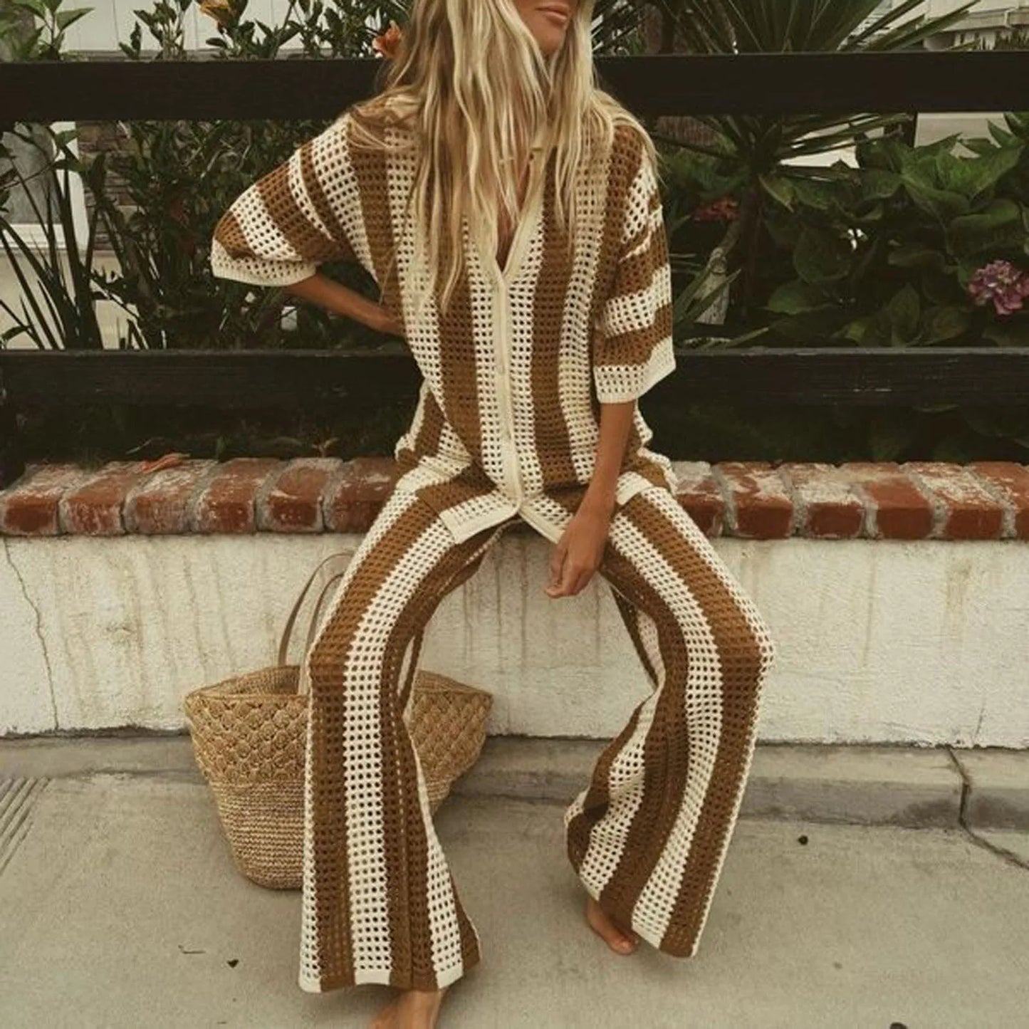 NEW Arrivals 2PCS Set UK Big Size Rose Red/Brown/Dark Blue Summer Beach Casual Women Suit Sexy Spring Summer Hollow Out V-Neck Half Sleeves Wide Leg Pants Sets Stripe Shirts Pant Sets