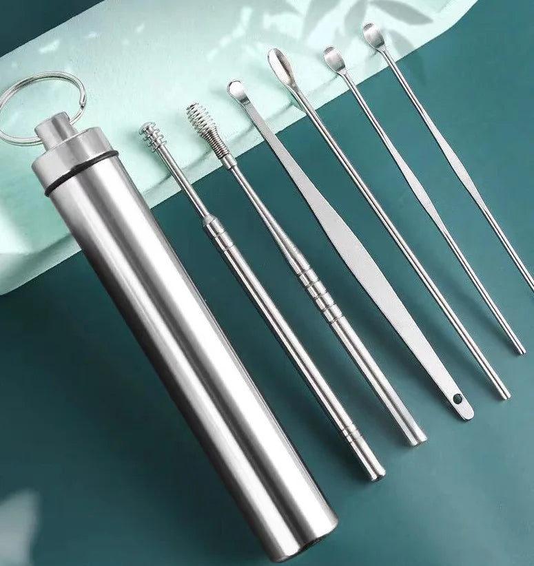 NEW Arrivals 6PCS Tube Stainless Steel Earpick Ear Cleaner Spoon Ear Care Cleaning Tool Ear Wax Removal Kit Ear Pick Vax Remover Clean Medical Accessories Hygiene Health Care Supplies
