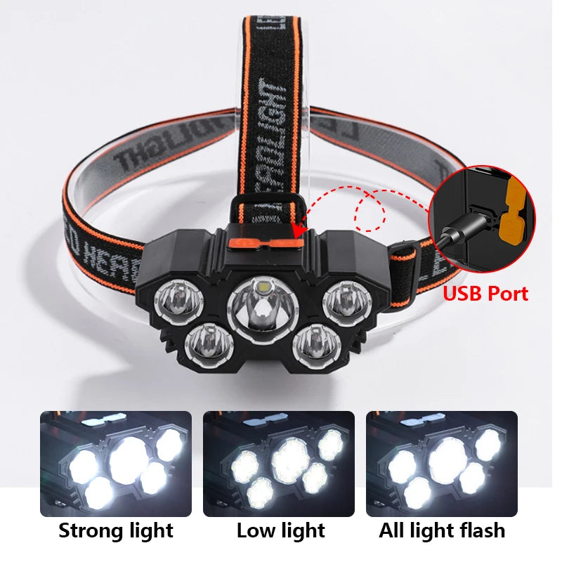 NEW Arrivals 5 LED Flashlight Rechargeable with Built in Battery Strong Light Home Outdoor Camping Adventure Fishing Head Light Headlamp