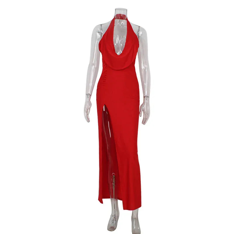 NEW Arrivals UK Size Black/Red Italian Fashion Sexy Women's Spring Summer Evening Beach Party Dresses Solid Swinging Collar High Split Sleeveless Maxi Slim Folds Backless Ladies Sexy Dress