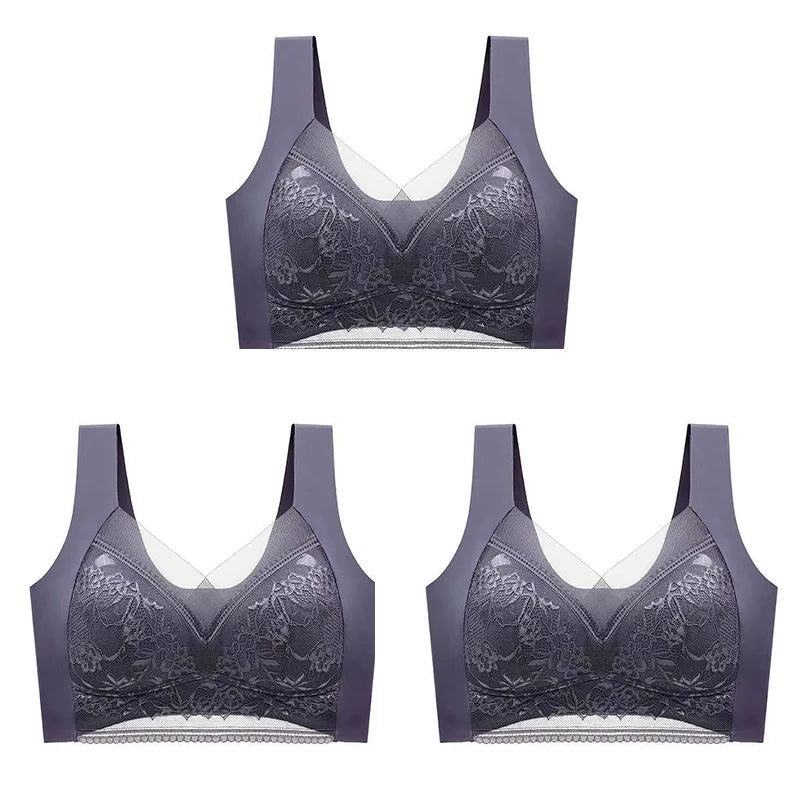 NEW Arrivals 3PCS Set L-(45-50KG) 5XL(100KG) Women Lace Bra Bralette Push Up Perspective Ice Silk Deep V Bra Sexy Lingerie Tops Plus Size Cup Mom's Underwear Chubby Ladies Underwear